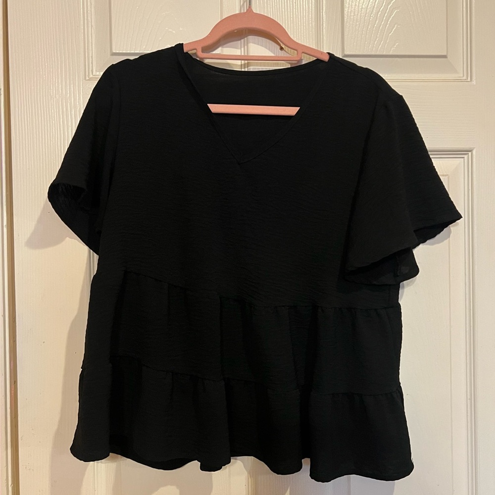 SHEIN Black V-Neck Tiered Blouse